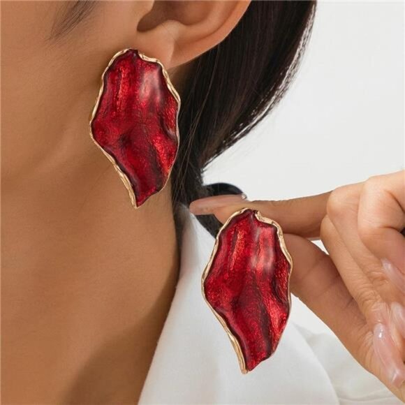 Red & Green Leaf Statement Earrings | Boho Chunky Petal Studs - Picture 1 of 3